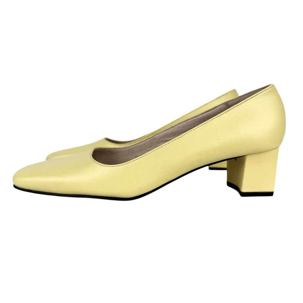Retro Square Toe‎ Leather Heels 7.5W Pastel Yellow Block Heel 60's Mod Office